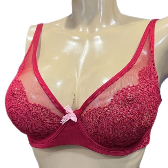 Victorias Secret Body Unlined Demi Crochet Lace / mesh detail bra Ruby Red 32DDD - Picture 3 of 7
